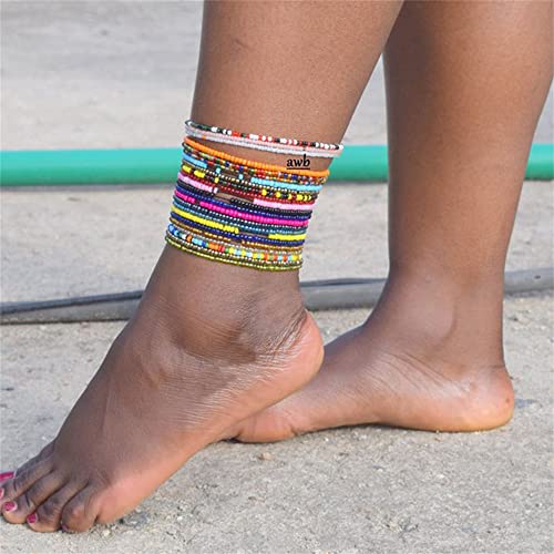 17Pcs Elastic Beaded Bracelets Colorful Bohemian Stackable Beaded Bracelet Beach Bracelet Anklet Set Rainbow Handmade Seed Bracelet Jewelry for Women-A