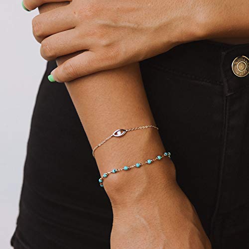 MEVECCO Gold Round Turquoise Beaded Bracelets,14K Gold Plated Handmade Cute Dainty Bracelet for Women