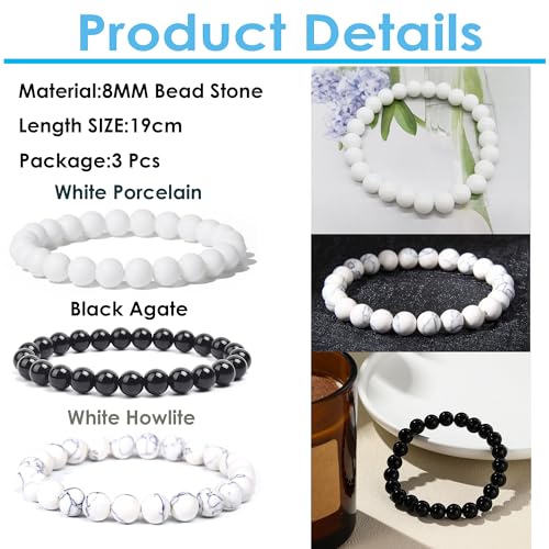 SONNYX 3Pcs 8mm Semi-Precious Gemstones Beaded Bracelets for Women Men Healing Crystal Stone Bracelet Stretch Round Beaded Elastic Bracelets Unisex Jewelry Gifts(White)
