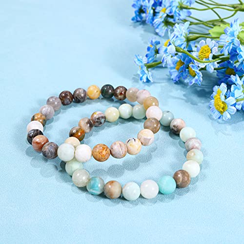 Bivei Natural Gemstone Semi Precious Healing Crystals Handmade Stretchy Round Beads Bracelet, Enhance Positive Energy(Bamboo Leaf Agate & Amazonite (Good Luck) Medium)
