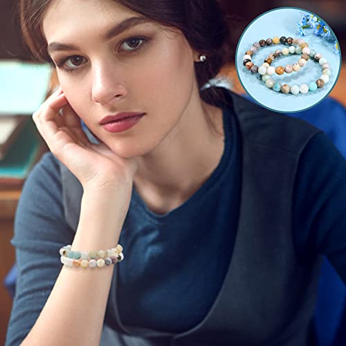 Bivei Natural Gemstone Semi Precious Healing Crystals Handmade Stretchy Round Beads Bracelet, Enhance Positive Energy(Bamboo Leaf Agate & Amazonite (Good Luck) Medium)
