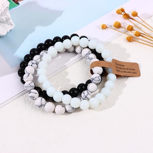SONNYX 3Pcs 8mm Semi-Precious Gemstones Beaded Bracelets for Women Men Healing Crystal Stone Bracelet Stretch Round Beaded Elastic Bracelets Unisex Jewelry Gifts(White)