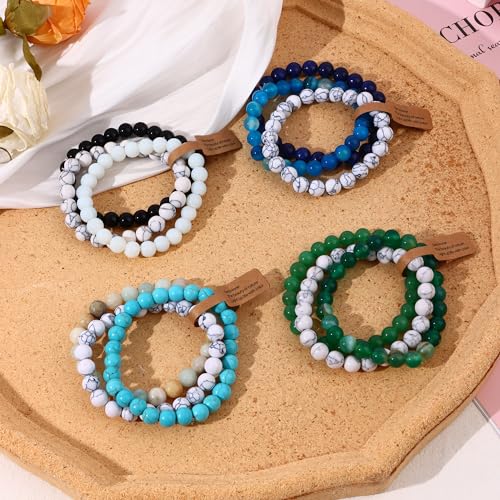 SONNYX 3Pcs 8mm Semi-Precious Gemstones Beaded Bracelets for Women Men Healing Crystal Stone Bracelet Stretch Round Beaded Elastic Bracelets Unisex Jewelry Gifts(White)