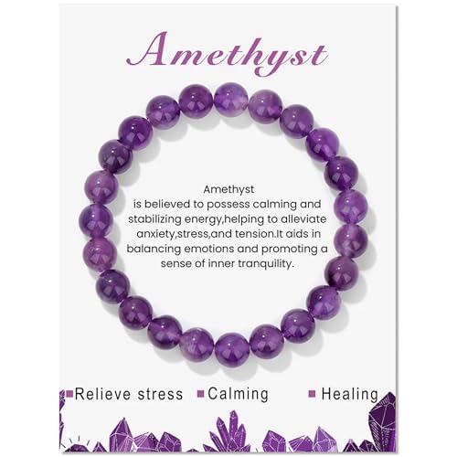SONNYX 1PCS Healing Crystal Stone Bracelets for Women Men Semi-Precious Gemstone Bracelets 8mm Round Beads Stretch Beaded Bracelet Jewelry Gifts(Amethyst)