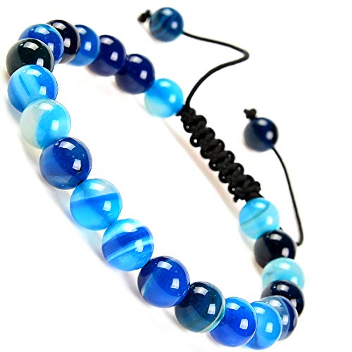 MASSIVE BEADS Natural Healing Power Gemstone Crystal Beads Unisex Adjustable Macrame Bracelets 8mm (Agate Blue, 8mm)