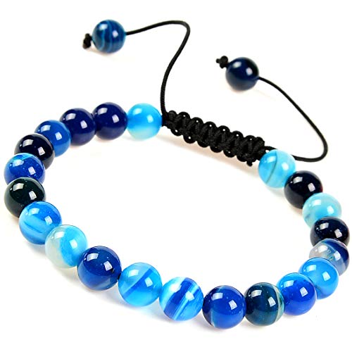 MASSIVE BEADS Natural Healing Power Gemstone Crystal Beads Unisex Adjustable Macrame Bracelets 8mm (Agate Blue, 8mm)