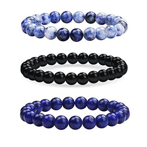 GIEIWIW 3 Pcs Beaded Bracelets Gorgeous Semi-Precious Gemstones Stretch Crystal Bead Bracelet Healing Bracelets for Women Men Fashion Jewelry Gifts(Blue)