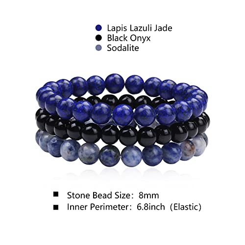 GIEIWIW 3 Pcs Beaded Bracelets Gorgeous Semi-Precious Gemstones Stretch Crystal Bead Bracelet Healing Bracelets for Women Men Fashion Jewelry Gifts（Blue）