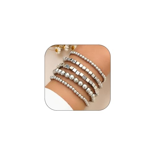 CSIYANJRY99 Silver Beaded Bracelets for Women Stackable Stretch Bead Bracelet Set Beads Bracelet Stack Pack