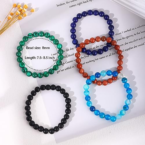 FIRAZIO 16PCS Semi-Precious Gemstone Bracelet - Healing Crystal Stone Beaded Bracelets for Women Men 8mm Round Beaded Stretch Bracelets Unisex Stress Relief Yoga Bracelets Gifts (16Pcs)