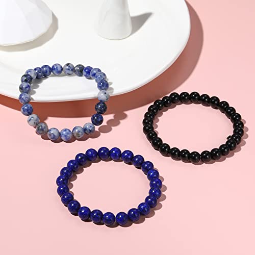 GIEIWIW 3 Pcs Beaded Bracelets Gorgeous Semi-Precious Gemstones Stretch Crystal Bead Bracelet Healing Bracelets for Women Men Fashion Jewelry Gifts（Blue）