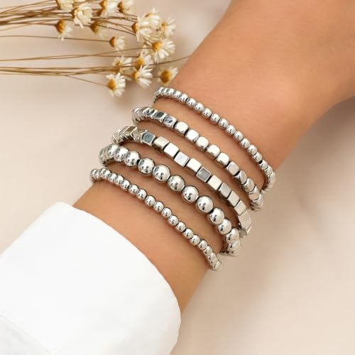 CSIYANJRY99 Silver Beaded Bracelets for Women Stackable Stretch Bead Bracelet Set Beads Bracelet Stack Pack