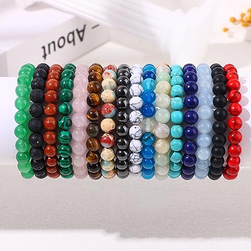 FIRAZIO 16PCS Semi-Precious Gemstone Bracelet - Healing Crystal Stone Beaded Bracelets for Women Men 8mm Round Beaded Stretch Bracelets Unisex Stress Relief Yoga Bracelets Gifts (16Pcs)