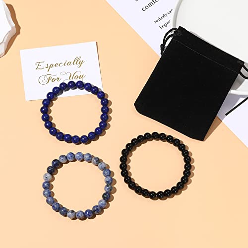GIEIWIW 3 Pcs Beaded Bracelets Gorgeous Semi-Precious Gemstones Stretch Crystal Bead Bracelet Healing Bracelets for Women Men Fashion Jewelry Gifts（Blue）