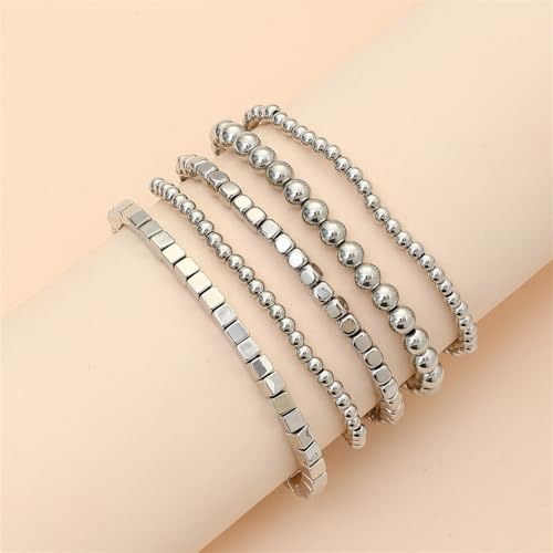 CSIYANJRY99 Silver Beaded Bracelets for Women Stackable Stretch Bead Bracelet Set Beads Bracelet Stack Pack
