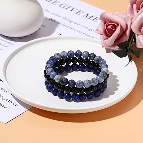 GIEIWIW 3 Pcs Beaded Bracelets Gorgeous Semi-Precious Gemstones Stretch Crystal Bead Bracelet Healing Bracelets for Women Men Fashion Jewelry Gifts（Blue）