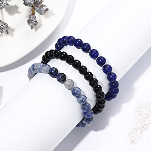 GIEIWIW 3 Pcs Beaded Bracelets Gorgeous Semi-Precious Gemstones Stretch Crystal Bead Bracelet Healing Bracelets for Women Men Fashion Jewelry Gifts（Blue）