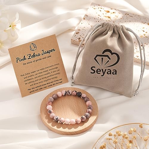 Seyaa Anti Anxiety Bracelet for Women, Pink Zebra Jasper Bracelet, Birthday Valentines Day Gift for Her Teen Girls, Stress Relief Anxiety Yoga Bracelet, Natural Crystal Stone Healing