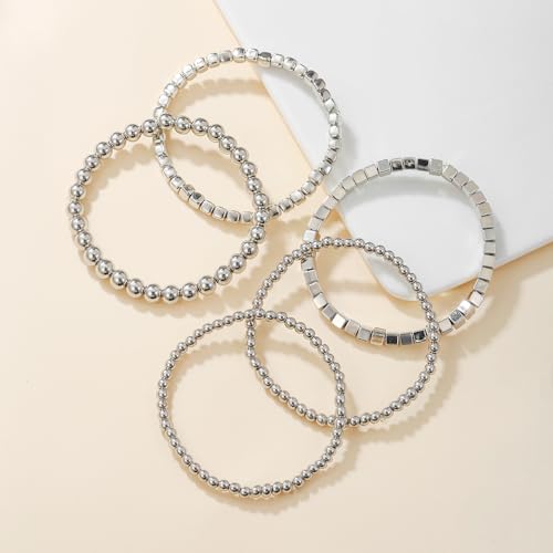 CSIYANJRY99 Silver Beaded Bracelets for Women Stackable Stretch Bead Bracelet Set Beads Bracelet Stack Pack