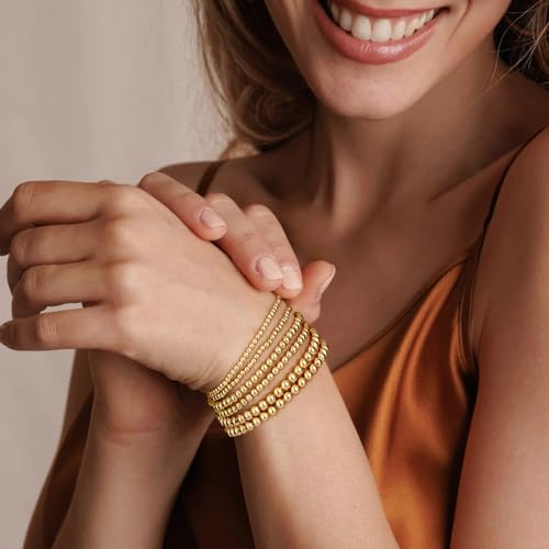 adoyi Gold Bracelets for Women, Stretch Gold Beaded Bracelets for Women14K Gold Plated Stackable Bracelets Bead Ball Bracelet stack Set Strand Bracelet Adjustable Gold Jewelry for Women Gift