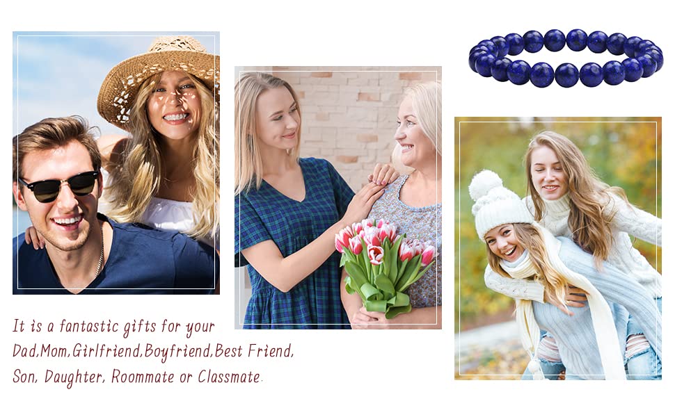 GIEIWIW 3 Pcs Beaded Bracelets Gorgeous Semi-Precious Gemstones Stretch Crystal Bead Bracelet Healing Bracelets for Women Men Fashion Jewelry Gifts（Blue）