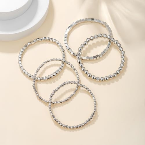CSIYANJRY99 Silver Beaded Bracelets for Women Stackable Stretch Bead Bracelet Set Beads Bracelet Stack Pack
