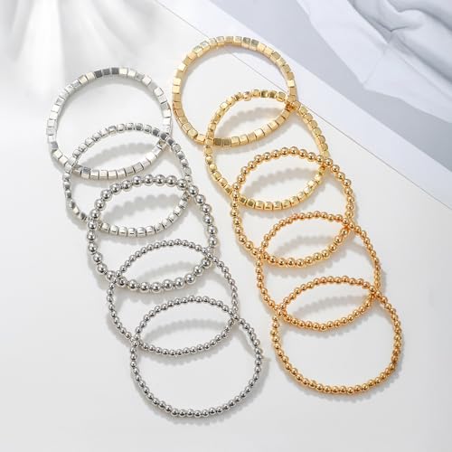CSIYANJRY99 Silver Beaded Bracelets for Women Stackable Stretch Bead Bracelet Set Beads Bracelet Stack Pack
