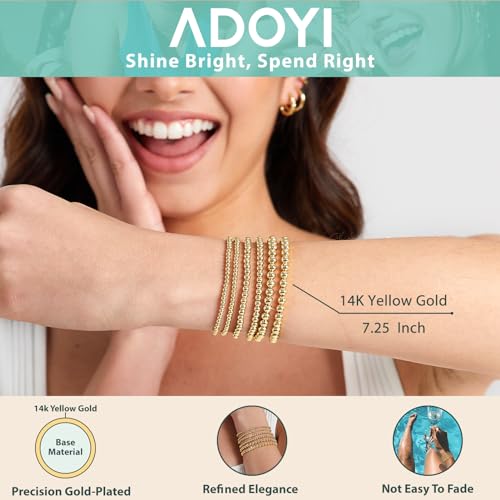 adoyi Gold Bracelets for Women, Stretch Gold Beaded Bracelets for Women14K Gold Plated Stackable Bracelets Bead Ball Bracelet stack Set Strand Bracelet Adjustable Gold Jewelry for Women Gift