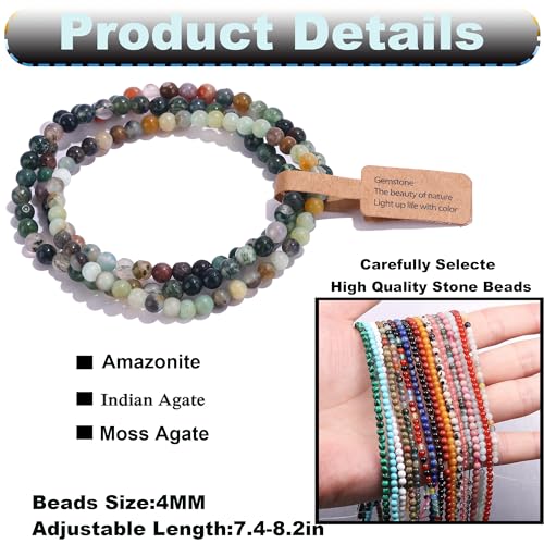 SONNYX 3Pcs 4mm Semi-Precious Gemstones Beaded Bracelets for Women Men Healing Crystal Stone Bracelet Stretch Round Beaded Elastic Bracelets Unisex Jewelry Gifts(HL)