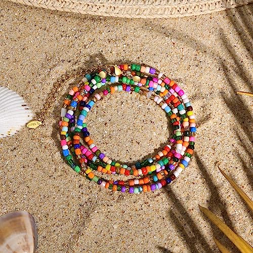 Boho Colorful Beaded Bracelets - Bohemian Multistrand Beads Bracelet Summer Surf Beach Trendy Jewelry For Women ,Adjustable layered bracelets Anniversary Birthday Gifts for Her Girlfriend Sister