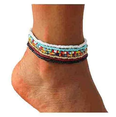 VFlowee Boho Handmade Beaded African Anklets Multicolor Women Stretch Seed Beads Rainbow Ankle Bracelets Glass Bead Bracelet Elastic Foot and Hand Chain Jewelry (7PCS)