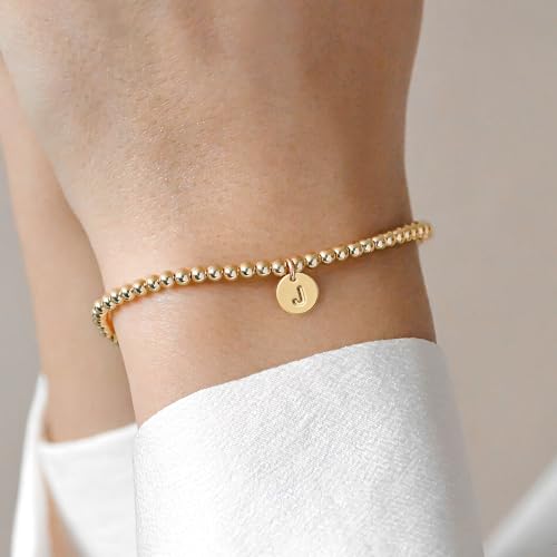 Turandoss Initial Bracelet for Women - 14K Gold Plated Beaded Initial J Alphabet Charm Bracelet for Women Trendy, Gold Letter J Monogram Disc Bracelet for Women Jewelry