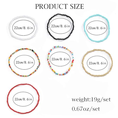VFlowee Boho Handmade Beaded African Anklets Multicolor Women Stretch Seed Beads Rainbow Ankle Bracelets Glass Bead Bracelet Elastic Foot and Hand Chain Jewelry (7PCS)
