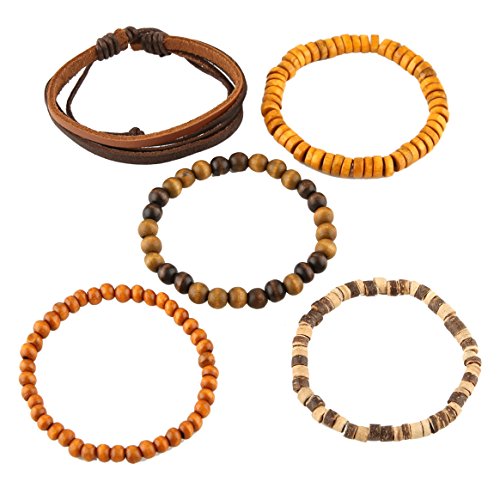 HZMAN Mix 5 Wrap Bracelets Men Women, Hemp Cords Wood Beads Ethnic Tribal Bracelets, Leather Wristbands