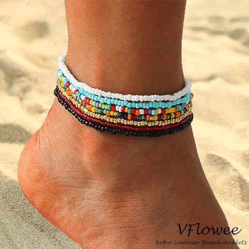 VFlowee Boho Handmade Beaded African Anklets Multicolor Women Stretch Seed Beads Rainbow Ankle Bracelets Glass Bead Bracelet Elastic Foot and Hand Chain Jewelry (7PCS)