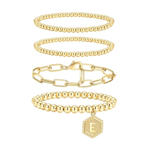 doubgood Gold Beaded Bracelets for Women, Stackable Gold Bracelets for Women 14K Real Gold Plated Stretch Bead Ball Bracelet with Letter Pendant E