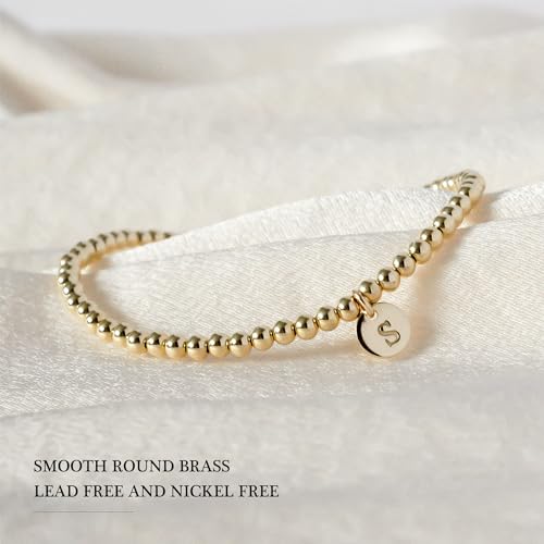 Turandoss Initial Bracelet for Women - 14K Gold Plated Beaded Initial J Alphabet Charm Bracelet for Women Trendy, Gold Letter J Monogram Disc Bracelet for Women Jewelry