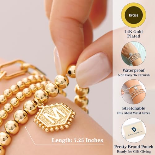 doubgood Gold Beaded Bracelets for Women, Stackable Gold Bracelets for Women 14K Real Gold Plated Stretch Bead Ball Bracelet with Letter Pendant E
