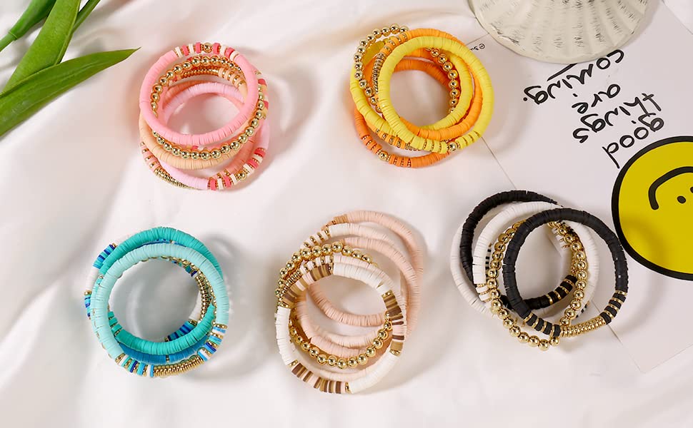 Elegance 11 designs Heishi Beaded Bracelets For Women Polymer Clay Pink Surfer Stackable Beads Boho Bracelet Summer Beach Jewelry Set