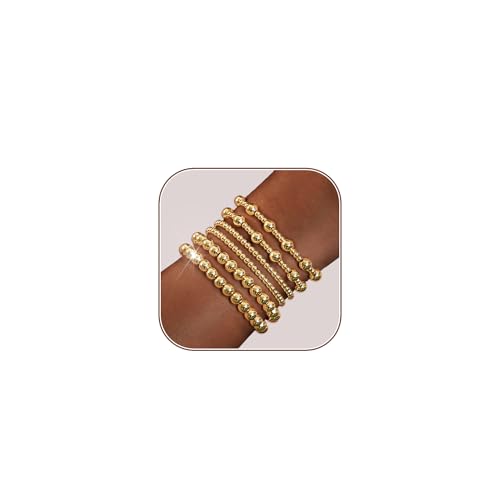 HERIER Gold Bracelets for Women 14K Gold Plated Stretch Gold Beaded Bracelets for Women Trendy Stackable Bead Ball Bracelet Gold Jewelry for Women Teen Girls