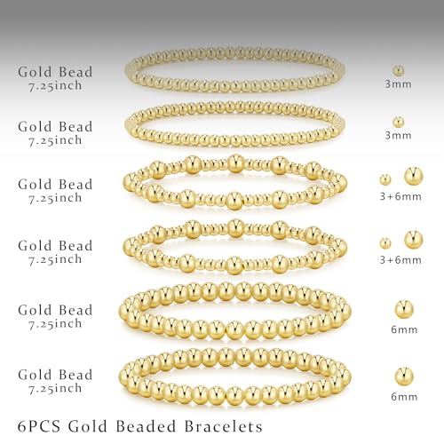HERIER Gold Bracelets for Women 14K Gold Plated Stretch Gold Beaded Bracelets for Women Trendy Stackable Bead Ball Bracelet Gold Jewelry for Women Teen Girls