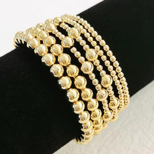 HERIER Gold Bracelets for Women 14K Gold Plated Stretch Gold Beaded Bracelets for Women Trendy Stackable Bead Ball Bracelet Gold Jewelry for Women Teen Girls