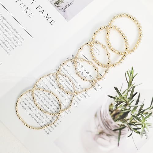 HERIER Gold Bracelets for Women 14K Gold Plated Stretch Gold Beaded Bracelets for Women Trendy Stackable Bead Ball Bracelet Gold Jewelry for Women Teen Girls