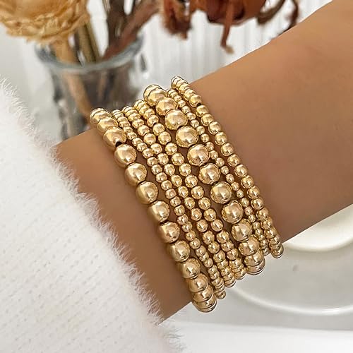 LKingel Gold Bracelets for Women 14K Gold Plated Stackable Bracelet Gold Bracelet Stack Delicate Stackable Gold Bead Bracelet for Women(Gold bead 7pcs)