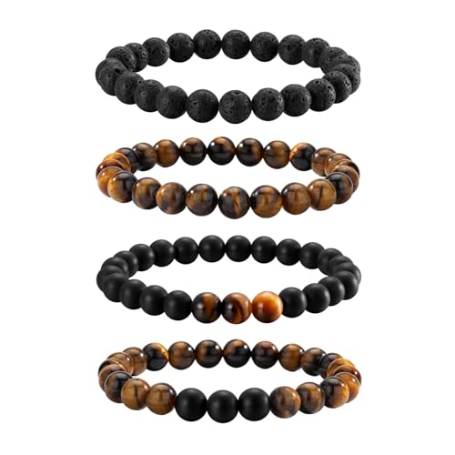 Senteria 4Pcs Mens Beaded Bracelets Elastic Tigers Eye Bracelet Set Natural Stone Black Crystal Beaded Bracelets for Men Women