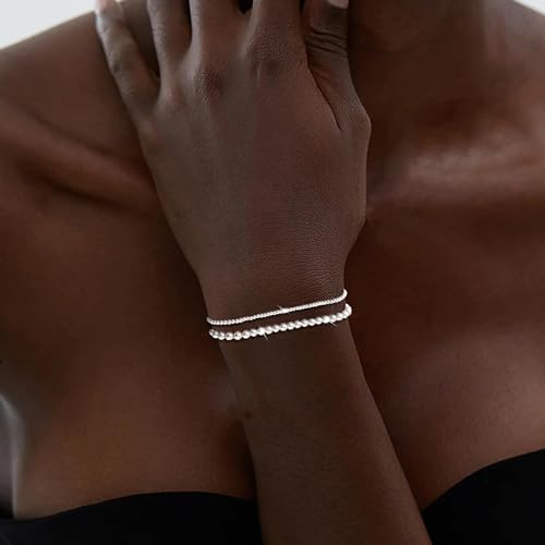 koperin Layered Silver Beaded Bracelets for Women, Dainty 925 Sterling Silver Stackable 2MM/4MM Beaded Bracelets Silver Bracelet Set for Women Trendy Jewelry Gift Size of 6.5