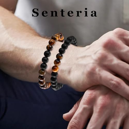 Senteria 4Pcs Mens Beaded Bracelets Elastic Tigers Eye Bracelet Set Natural Stone Black Crystal Beaded Bracelets for Men Women