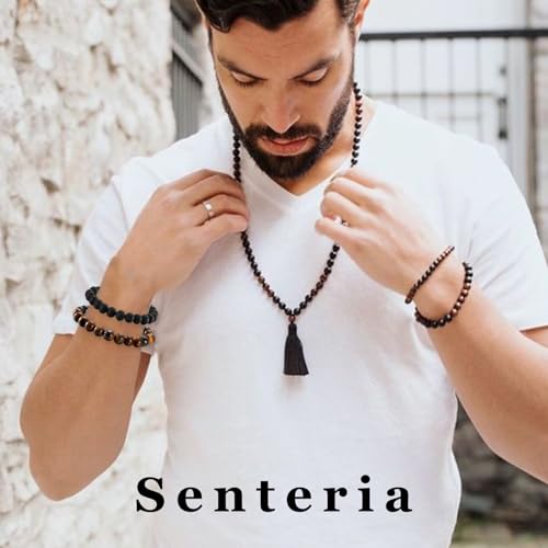 Senteria 4Pcs Mens Beaded Bracelets Elastic Tigers Eye Bracelet Set Natural Stone Black Crystal Beaded Bracelets for Men Women