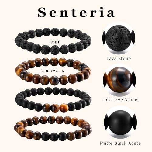 Senteria 4Pcs Mens Beaded Bracelets Elastic Tigers Eye Bracelet Set Natural Stone Black Crystal Beaded Bracelets for Men Women