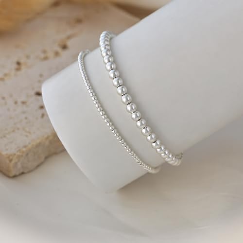 koperin Layered Silver Beaded Bracelets for Women, Dainty 925 Sterling Silver Stackable 2MM/4MM Beaded Bracelets Silver Bracelet Set for Women Trendy Jewelry Gift Size of 6.5